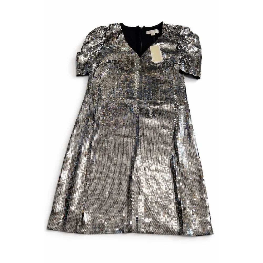 NWT Michael Kors Silver Sequin Georgette Mini Dress Size 4 New